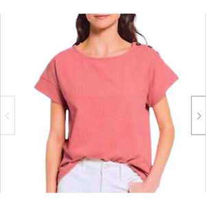Madewell Women's Seersucker Button Sleeve Shoulder T-Shirt in Pink Size Small